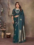 Joban Fashion Teal Floral Motifs Banarasi Silk Sarees | Grocsy