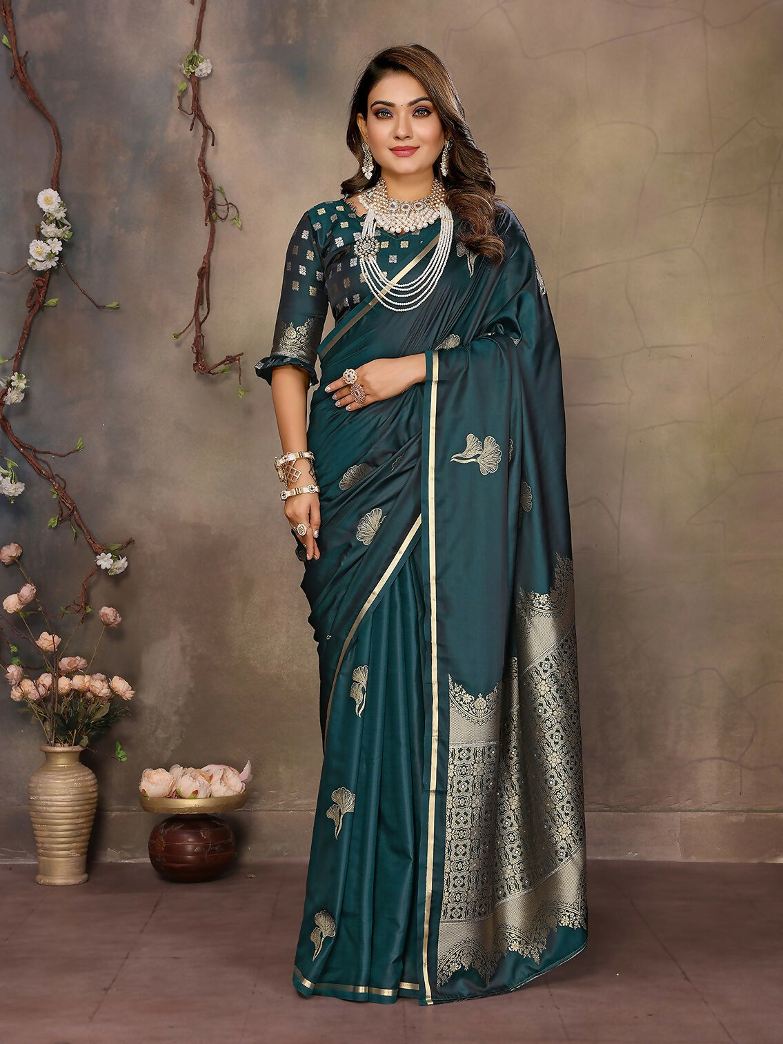 Joban Fashion Teal Floral Motifs Banarasi Silk Sarees | Grocsy