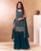 KC Latest Cocktail Wear Aqua Blue Chinon Sharara Suit For Women | Grocsy
