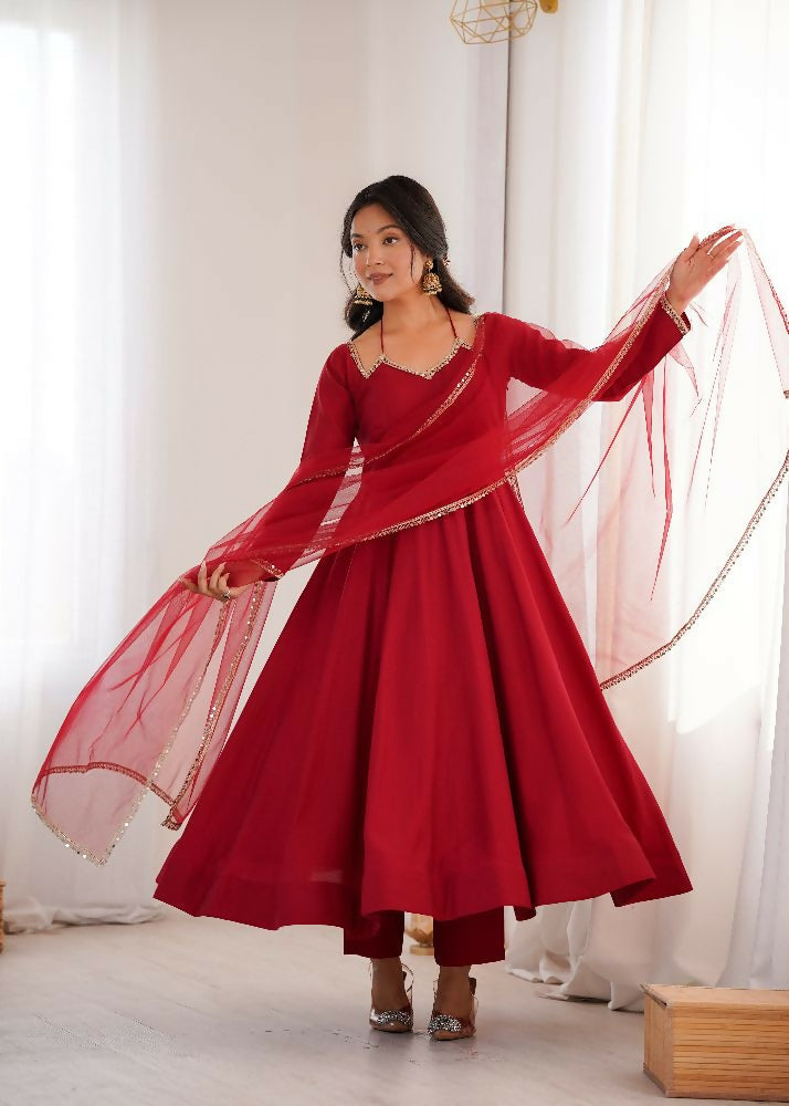 The52 Women's Gorgeous Embroidery Work Roman Silk Chanderi Fabric Flared Anarkali Pant and Dupatta Set | Grocsy