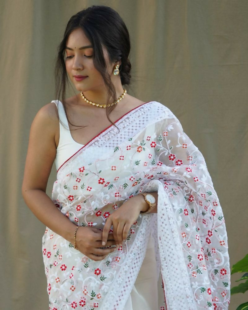 Vamsee Sombi Box White Organza Saree | Grocsy