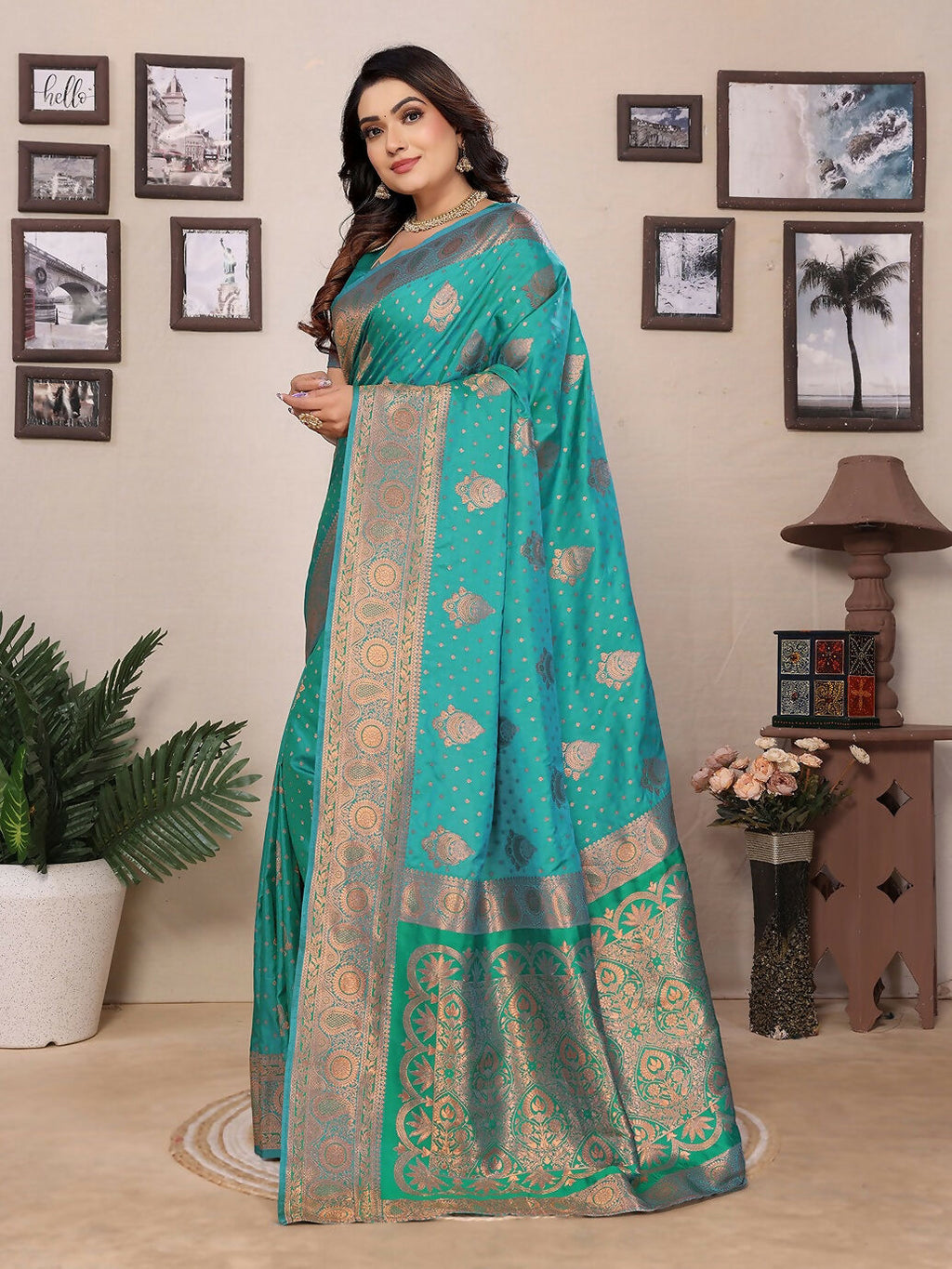 Joban Fashion Banarasi Light Green Woven Soft Silk Saree | Grocsy