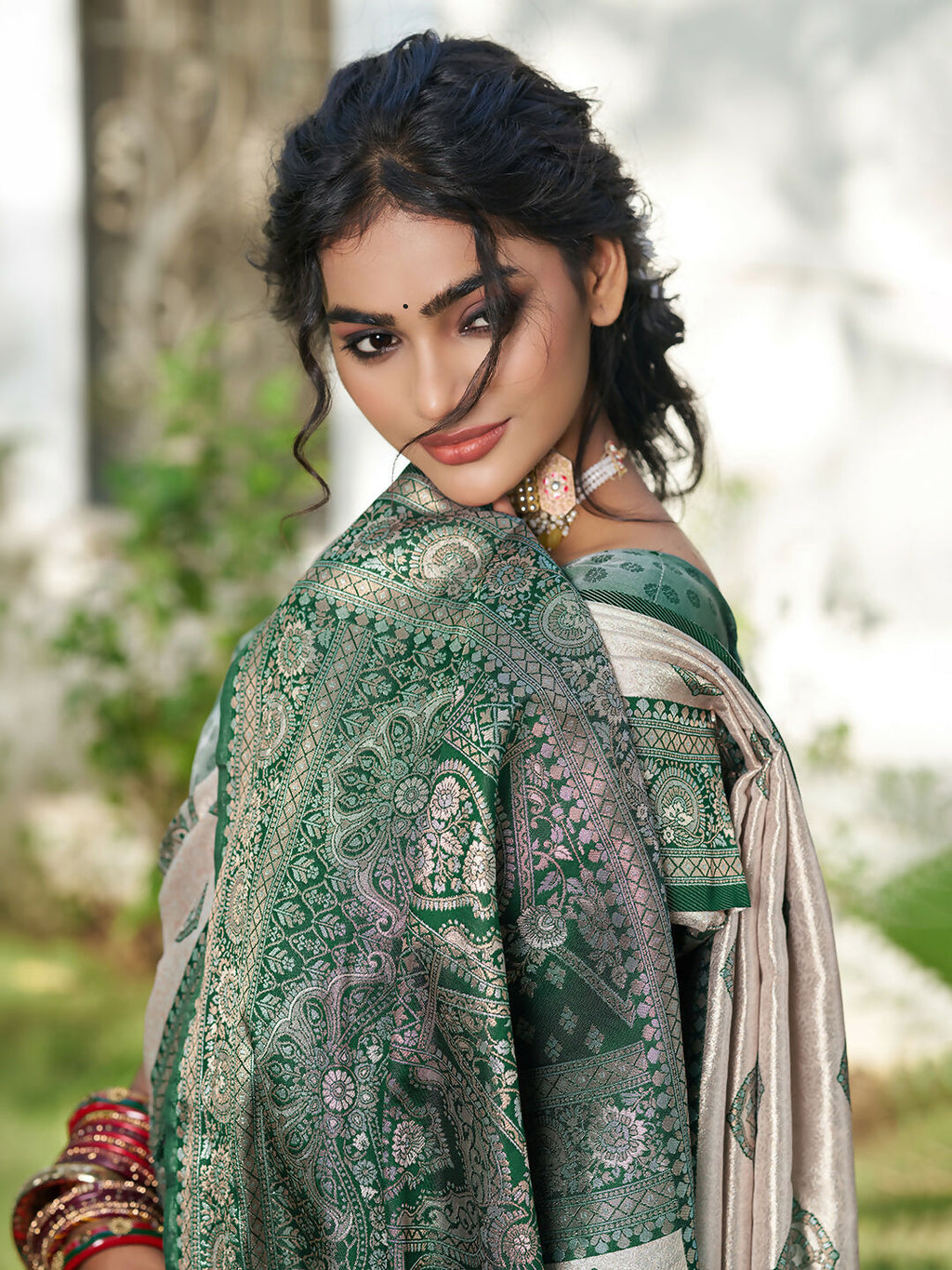 Shree Shyam Fashion Cream With Dark Green Silk Blend Saree | Grocsy