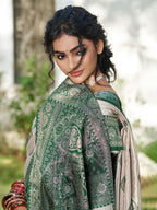 Shree Shyam Fashion Cream With Dark Green Silk Blend Saree | Grocsy