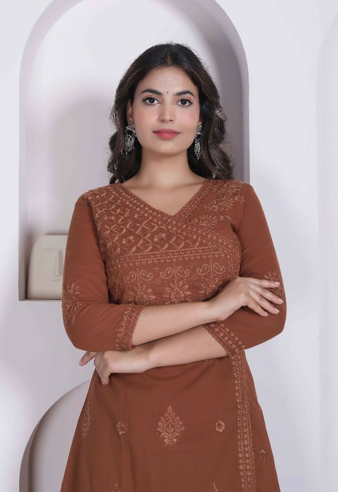 Miravan Womens Brown Floral Printed Angrakha Style Kurta With Palazzo | Grocsy