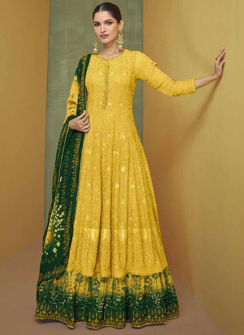 Vegaa Fashion Yellow Georgette Embroidery Anarkali Salwar Kameez | Grocsy