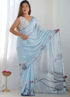 Vegaa Fashion Sky Blue Chinon Silk Print Work With Mirror Work Border Designer Saree | Grocsy