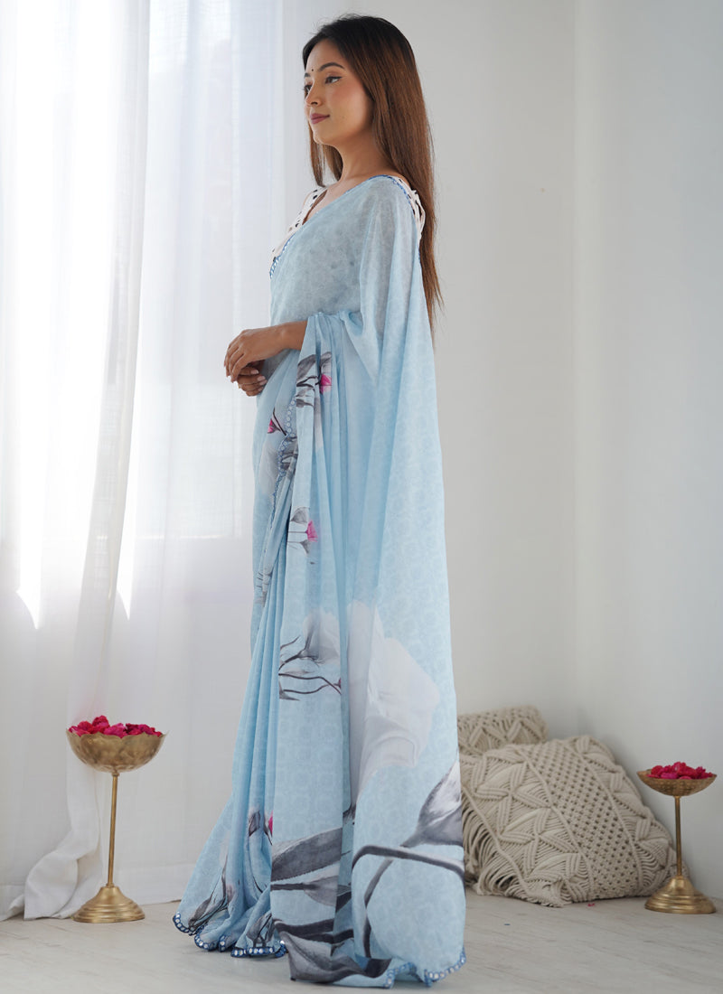 Vegaa Fashion Sky Blue Chinon Silk Print Work With Mirror Work Border Designer Saree | Grocsy