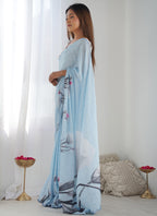 Vegaa Fashion Sky Blue Chinon Silk Print Work With Mirror Work Border Designer Saree | Grocsy