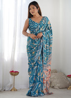 Vegaa Fashion Rama Chinon Silk Print Work With Mirror Work Border Designer Saree | Grocsy