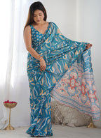 Vegaa Fashion Rama Chinon Silk Print Work With Mirror Work Border Designer Saree | Grocsy