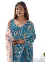 Vegaa Fashion Rama Chinon Silk Print Work With Mirror Work Border Designer Saree | Grocsy