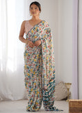 Vegaa Fashion Off White Chinon Silk Print Work With Mirror Work Border Designer Saree | Grocsy