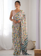Vegaa Fashion Off White Chinon Silk Print Work With Mirror Work Border Designer Saree | Grocsy