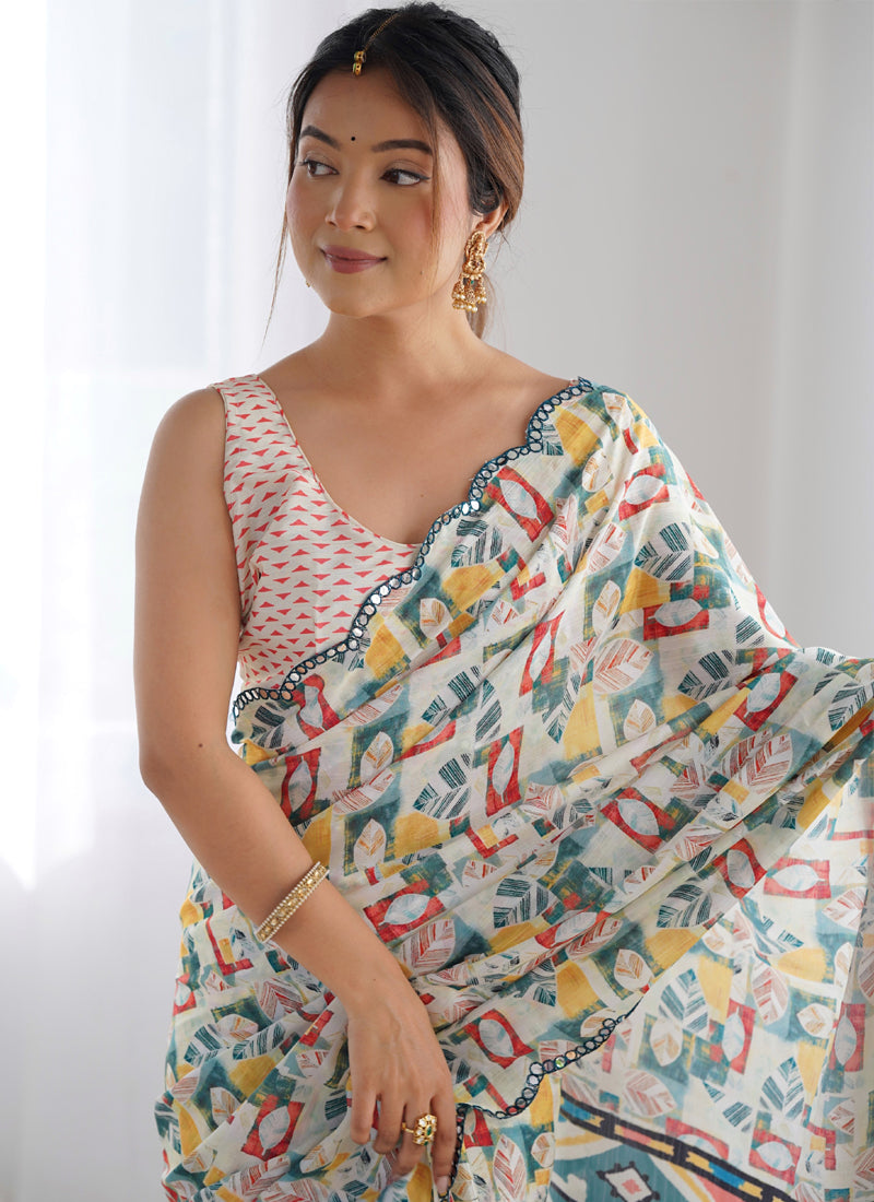 Vegaa Fashion Off White Chinon Silk Print Work With Mirror Work Border Designer Saree | Grocsy