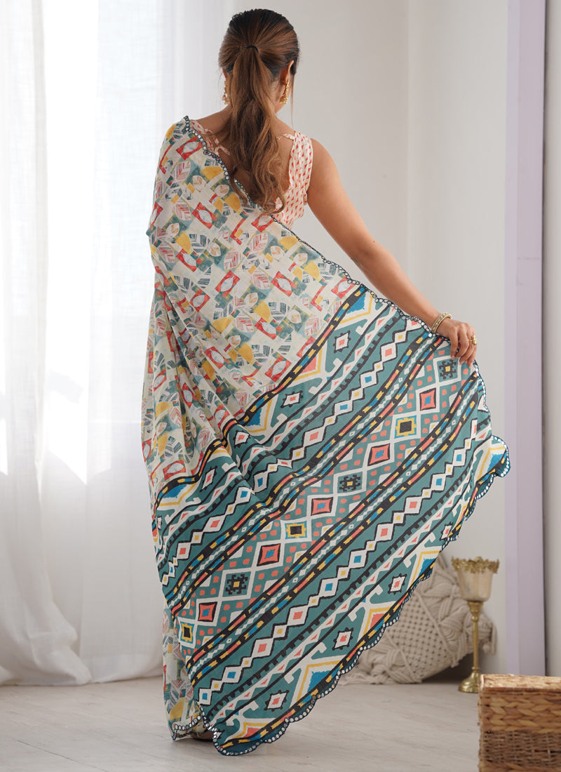 Vegaa Fashion Off White Chinon Silk Print Work With Mirror Work Border Designer Saree | Grocsy
