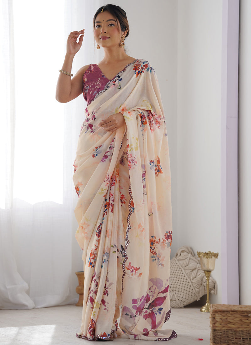 Vegaa Fashion Cream Chinon Silk Print Work With Mirror Work Border Designer Saree | Grocsy