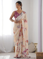 Vegaa Fashion Cream Chinon Silk Print Work With Mirror Work Border Designer Saree | Grocsy