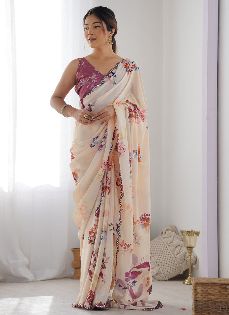 Vegaa Fashion Cream Chinon Silk Print Work With Mirror Work Border Designer Saree | Grocsy