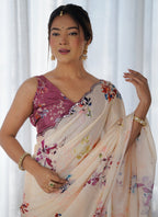 Vegaa Fashion Cream Chinon Silk Print Work With Mirror Work Border Designer Saree | Grocsy