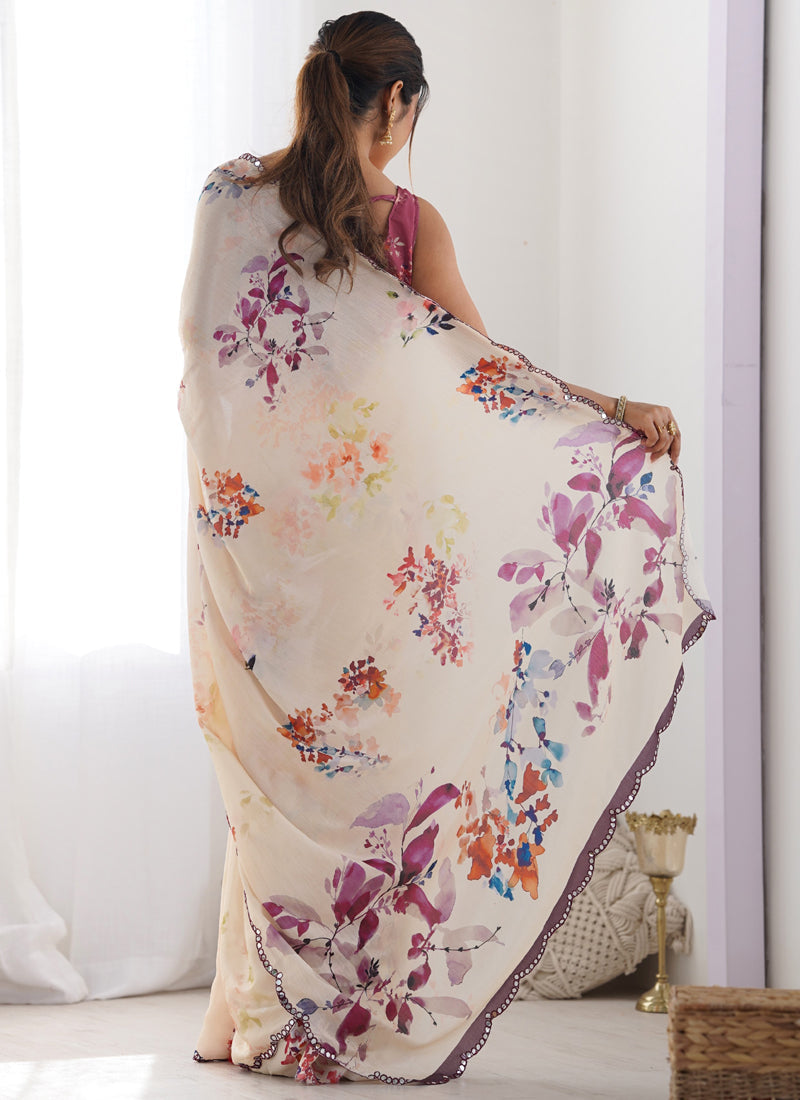 Vegaa Fashion Cream Chinon Silk Print Work With Mirror Work Border Designer Saree | Grocsy