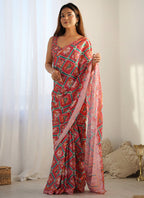 Vegaa Fashion Red Chinon Silk Print Work With Mirror Work Border Designer Saree | Grocsy