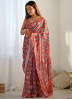 Vegaa Fashion Red Chinon Silk Print Work With Mirror Work Border Designer Saree | Grocsy