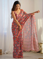 Vegaa Fashion Red Chinon Silk Print Work With Mirror Work Border Designer Saree | Grocsy