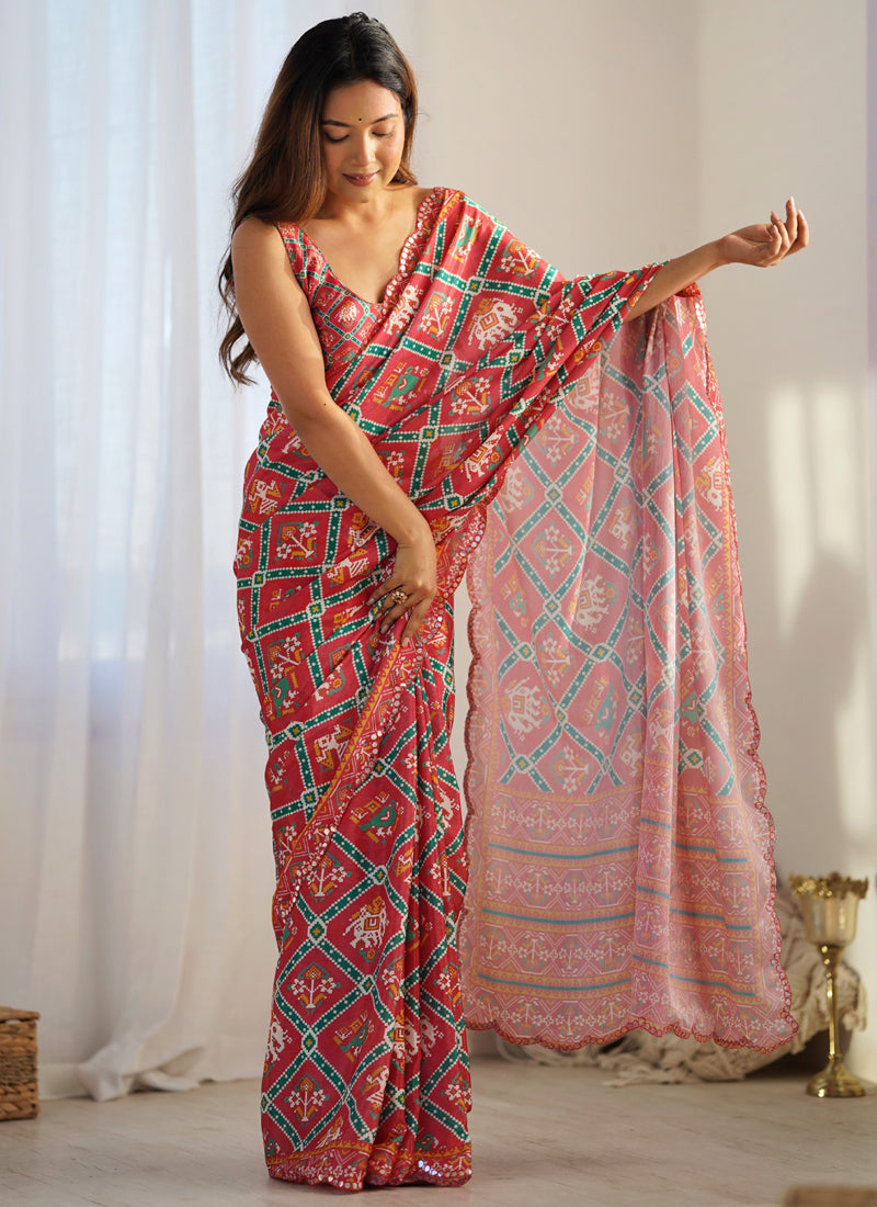 Vegaa Fashion Red Chinon Silk Print Work With Mirror Work Border Designer Saree | Grocsy