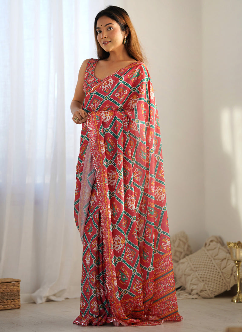 Vegaa Fashion Red Chinon Silk Print Work With Mirror Work Border Designer Saree | Grocsy