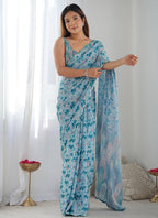 Vegaa Fashion Sky Blue Chinon Silk Print Work With Mirror Work Border Designer Saree | Grocsy