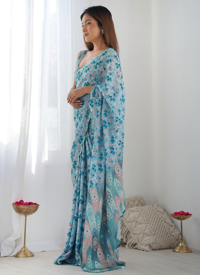 Vegaa Fashion Sky Blue Chinon Silk Print Work With Mirror Work Border Designer Saree | Grocsy