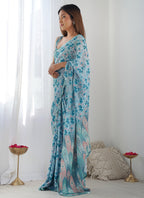 Vegaa Fashion Sky Blue Chinon Silk Print Work With Mirror Work Border Designer Saree | Grocsy