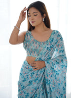 Vegaa Fashion Sky Blue Chinon Silk Print Work With Mirror Work Border Designer Saree | Grocsy