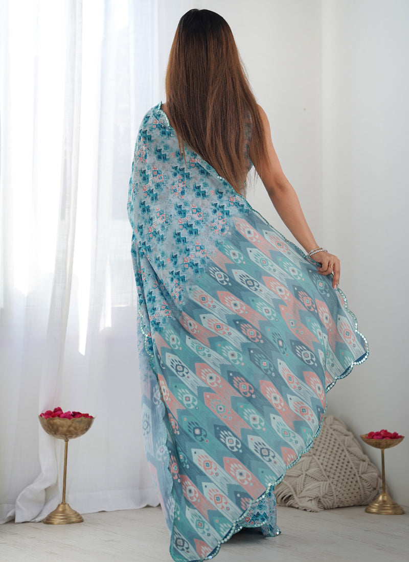 Vegaa Fashion Sky Blue Chinon Silk Print Work With Mirror Work Border Designer Saree | Grocsy