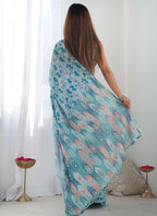 Vegaa Fashion Sky Blue Chinon Silk Print Work With Mirror Work Border Designer Saree | Grocsy