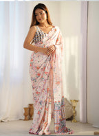 Vegaa Fashion Off White Chinon Silk Print Work With Mirror Work Border Designer Saree | Grocsy