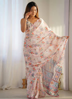 Vegaa Fashion Off White Chinon Silk Print Work With Mirror Work Border Designer Saree | Grocsy