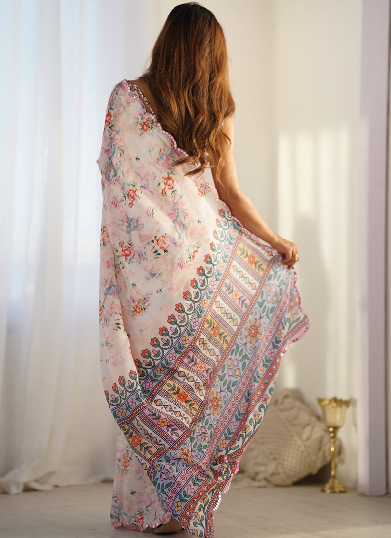 Vegaa Fashion Off White Chinon Silk Print Work With Mirror Work Border Designer Saree | Grocsy