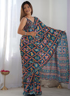 Vegaa Fashion Blue Chinon Silk Print Work With Mirror Work Border Designer Saree | Grocsy