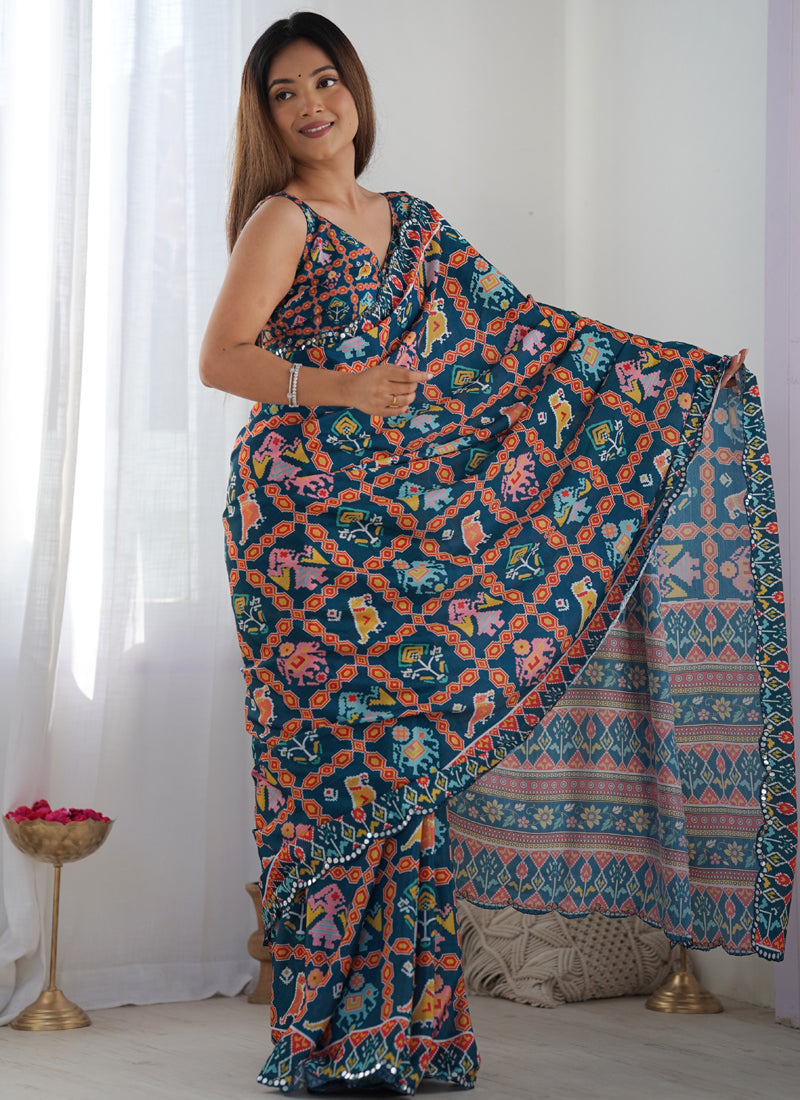 Vegaa Fashion Blue Chinon Silk Print Work With Mirror Work Border Designer Saree | Grocsy