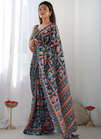 Vegaa Fashion Blue Chinon Silk Print Work With Mirror Work Border Designer Saree | Grocsy