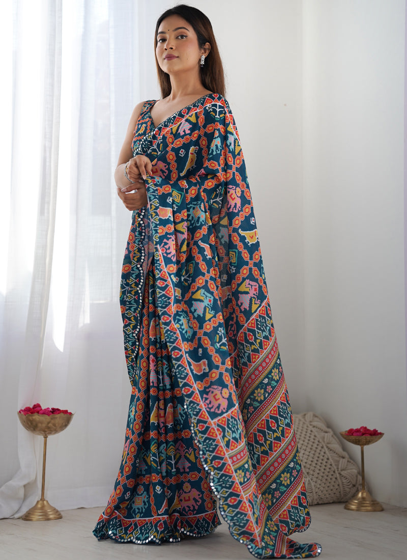 Vegaa Fashion Blue Chinon Silk Print Work With Mirror Work Border Designer Saree | Grocsy