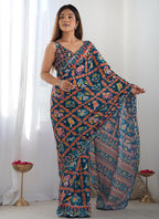 Vegaa Fashion Blue Chinon Silk Print Work With Mirror Work Border Designer Saree | Grocsy