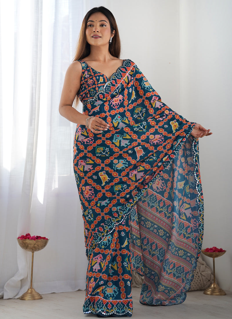 Vegaa Fashion Blue Chinon Silk Print Work With Mirror Work Border Designer Saree | Grocsy