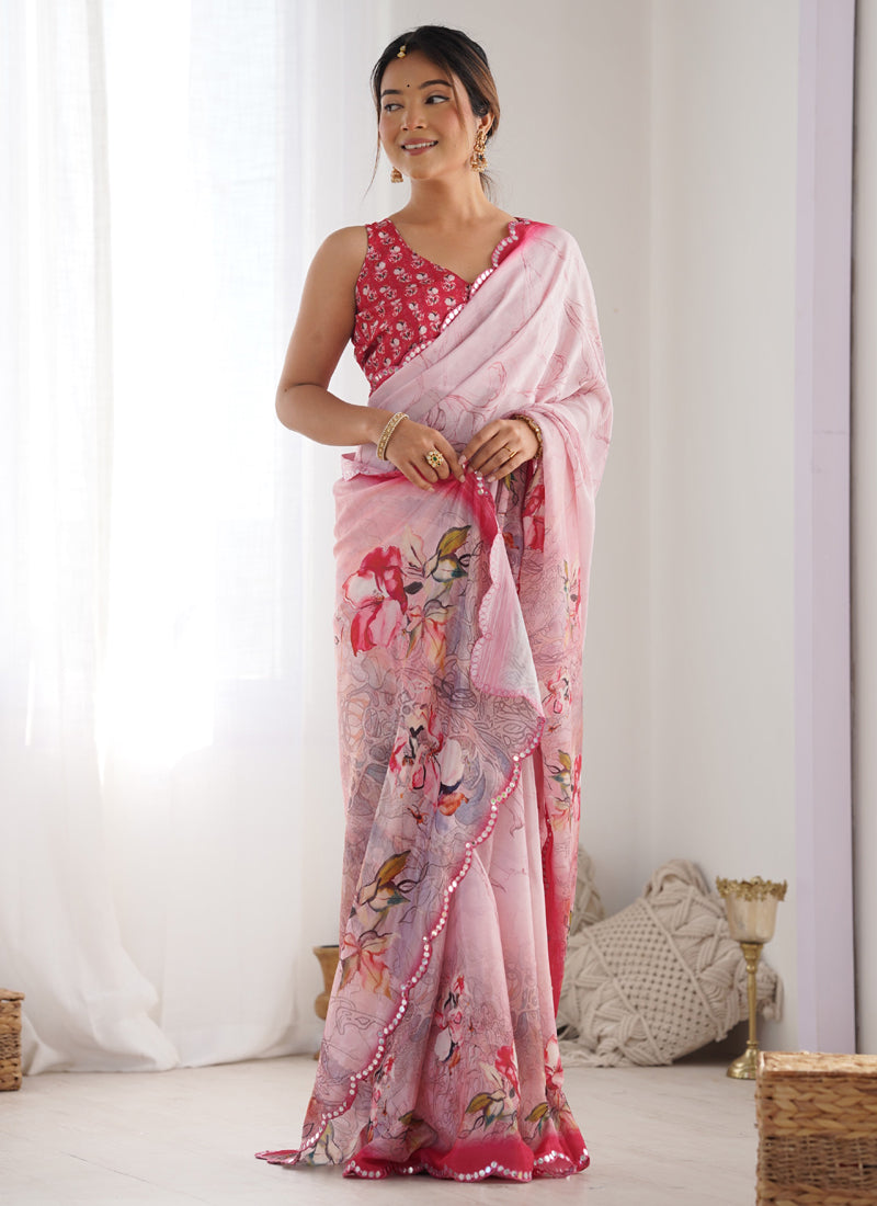 Vegaa Fashion Baby Pink Chinon Silk Print Work With Mirror Work Border Designer Saree | Grocsy