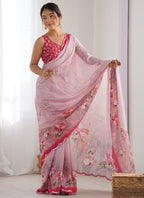 Vegaa Fashion Baby Pink Chinon Silk Print Work With Mirror Work Border Designer Saree | Grocsy