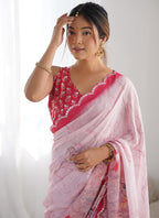 Vegaa Fashion Baby Pink Chinon Silk Print Work With Mirror Work Border Designer Saree | Grocsy