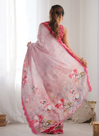 Vegaa Fashion Baby Pink Chinon Silk Print Work With Mirror Work Border Designer Saree | Grocsy