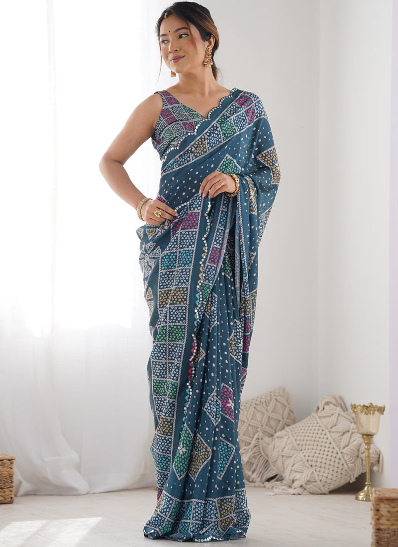 Vegaa Fashion Blue Chinon Silk Print Work With Mirror Work Border Designer Saree | Grocsy